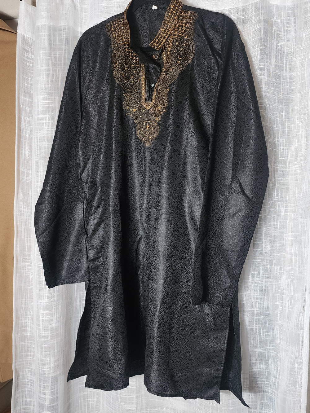 Source Unknown Black Kurta Shirt with Gold Embroidery